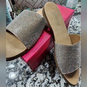 Catherine Malandrino Rhinestone Slide Sandals - Silver and Tan